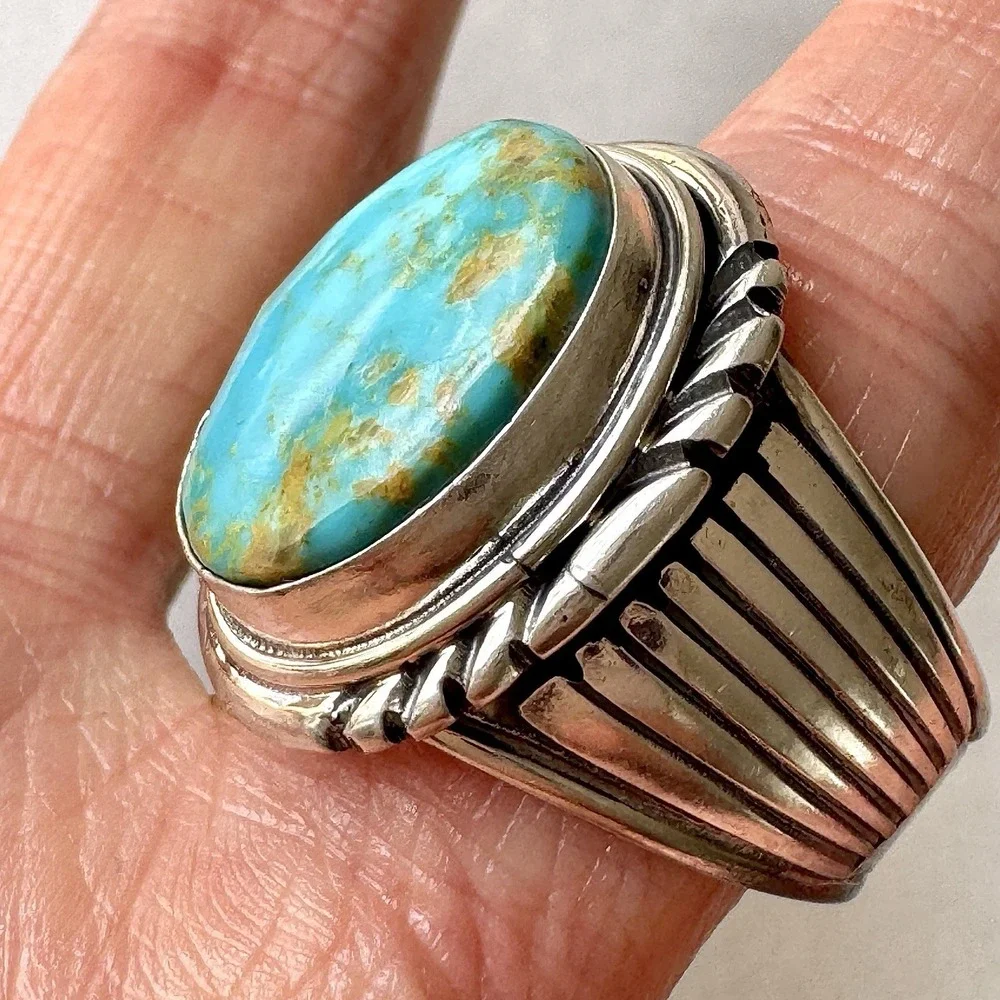 Navajo Mens Turquoise Ring Sz 12 Stamped Signed Denetdale Fans‎ Sterling Native
